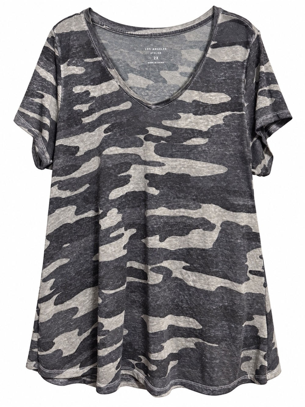 Lucky Brand Women’s 2X Gray Camo V-Neck Burnout Tee Relaxed T-Shirt